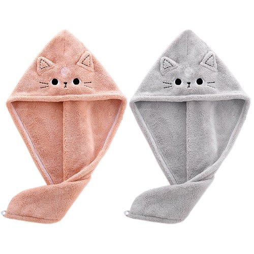 KIGOTWIN 2Pack Microfiber Hair Towel Wrap for Kids, Cute Cat Absorbent Hair Drying Turbans Head Towels for Women Girls (Pink and Gray cat)
