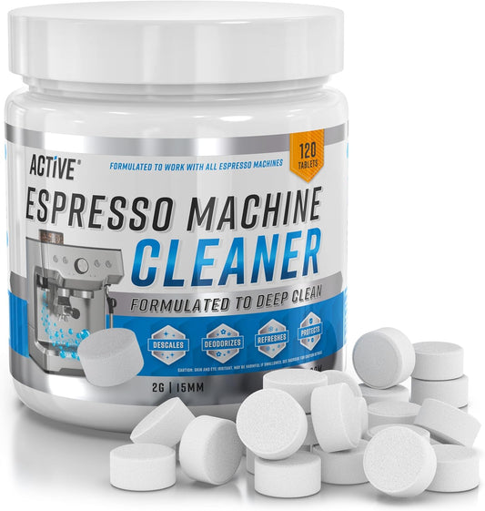 ACTIVE Espresso Machine Cleaning Tablets - 120 Descaling Tabs | Compatible with Breville, Gaggia, Delonghi, Jura, Philips | Effective Backflush Oil Remover Solution