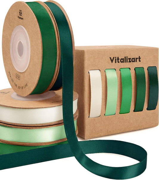 Vitalizart Satin Ribbon - Green & Cream Double-Faced Craft Ribbon | 3/8" x 50 Yd for Gift Wrapping & Decorations