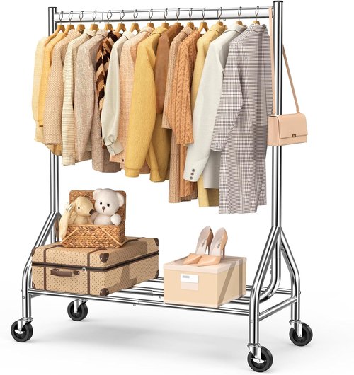 EAGMAK Heavy Duty Clothes Rack - 420 LBS Capacity, Rolling Garment Rack with Lockable Wheels | Silver