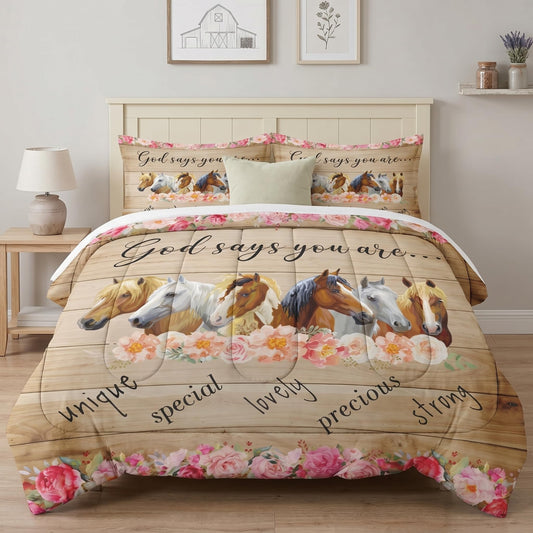 WeCozy Full Size Comforter Set with 2 Pillowcases, Colorful Horses Animal Pink Flower 3 Pcs Bedding for Kids and Adults, Inspirational Thoughts and Prayer Soft Comforter Set for Bedroom Bed Decor