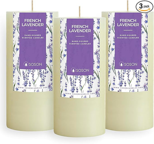 Simply Soson Lavender Scented Candle Set - 3x6 Ivory Pillar Candles for Home Aromatherapy Gift