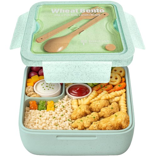 GreenLunch Bento Lunch Box for Kids, Large 2-Compartment, Durable and Microwave Safe, BPA-Free with Utensils, Wheat Straw Bento Box for Kids – Green