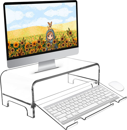 2 5.7 Inch AMT Tier High Acrylic Laptop Monitor Stand & Computer Riser with Cat Keyboard Protector, Space-Saving