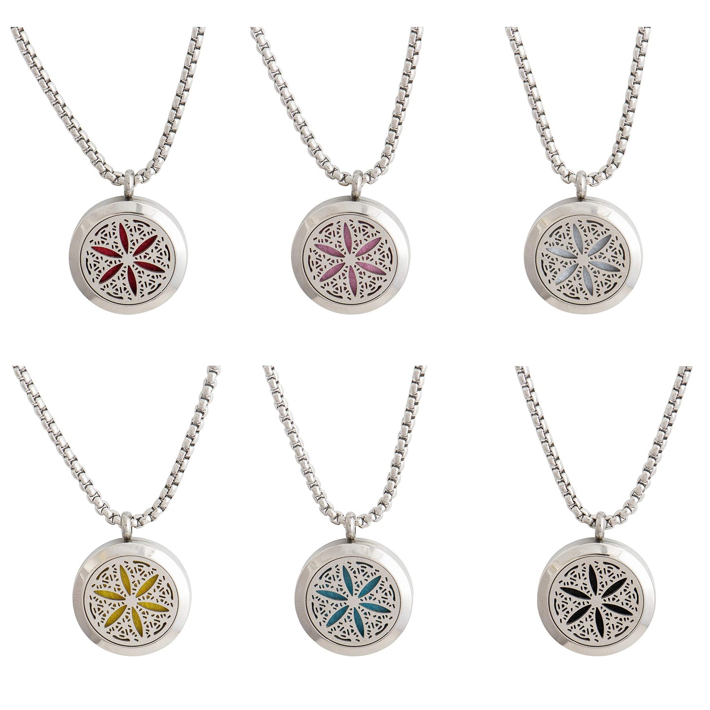 Wild Essentials Flower of Life Essential Oil Diffuser Necklace, Stainless Steel Locket Pendant with 24 inch Chain, 12 Color Refill Pads, Customizable Color Changing Perfume Jewelry for Aromatherapy