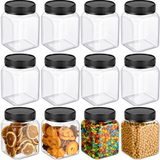 Nosiny 12 Pcs 24 oz Clear Plastic Jars with Lids Square Plastic Container Large Candy Jars with Screw on Lids Refillable Kitchen Storage Containers for Dry Food, Coffee (Black)
