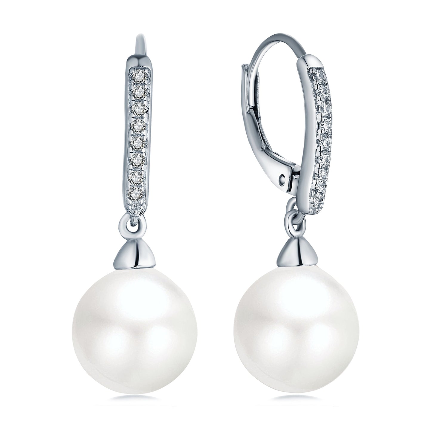 925 Sterling Silver Round 10MM Pearl Earrings Drop & Dangle Leverback Earrings,Jewelry for Women