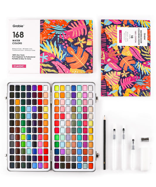 Grabie Watercolor Paint Set, Watercolor Paints, 168 Colors, Painting Set with Coloring Book, Water Brushes and Drawing Pencil, Art Supplies, Perfect Starter Kit for Watercolor Painting