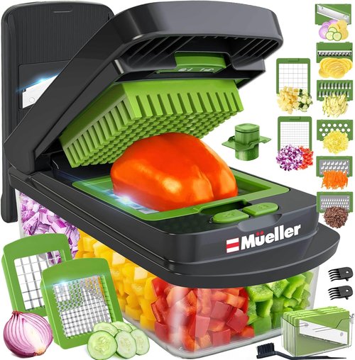 Mueller Pro-Series 10-in-1 Vegetable Chopper - 8 Blades for Efficient Cutting & Dicing | Gray/Green