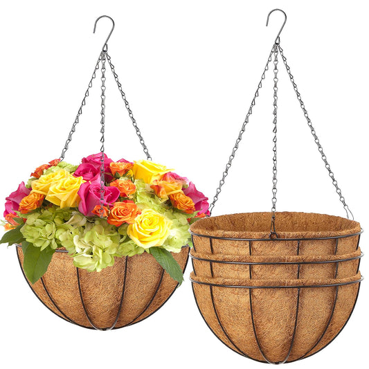 LCHUANG Hanging Baskets Planter for Plants - 4 Pack 14 Inch Metal Baskets with Coco Coir Liner, Hanging Flower Pots for Outside with Chain, Indoor Outdoor Garden Porch Decoration (14'' Pack of 4)