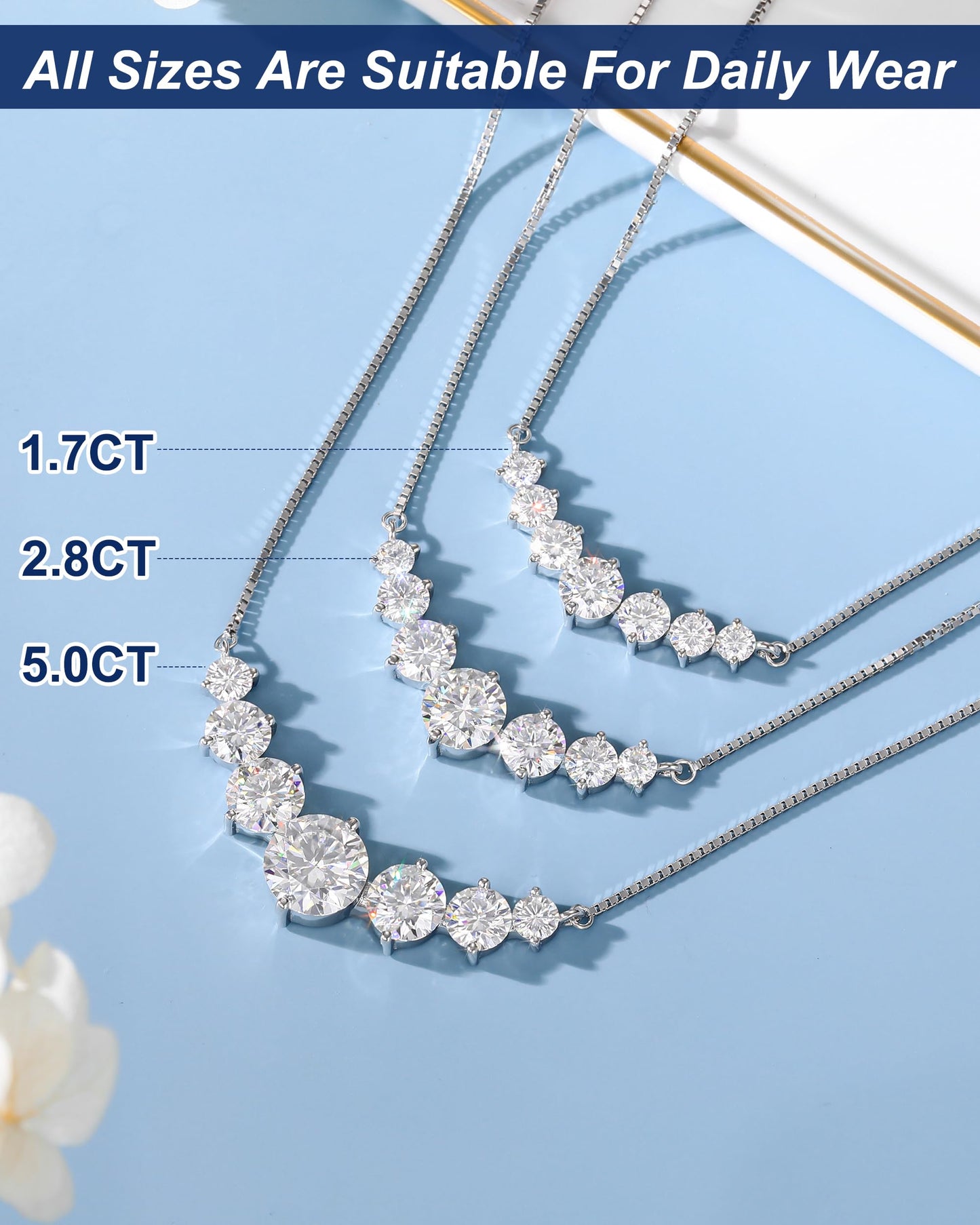 7 Stones Moissanite Necklace for Women, 5.0 Carat Moissanite Pendant Necklace 18k White Gold Plated Sterling Silver Dainty Pendant w/ 16.5+2.5 inch Adjustable Box Chain Fashion Jewelry Gifts for Wife