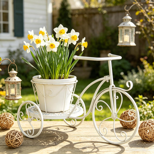 Zorvynelle Metal Bicycle Plant Stand Display Tricycle Plant Rack Flower Holder with Round Ceramic Tile Nesting Tray for Indoor Outdoor Home Garden Patio Wedding Garden Decor