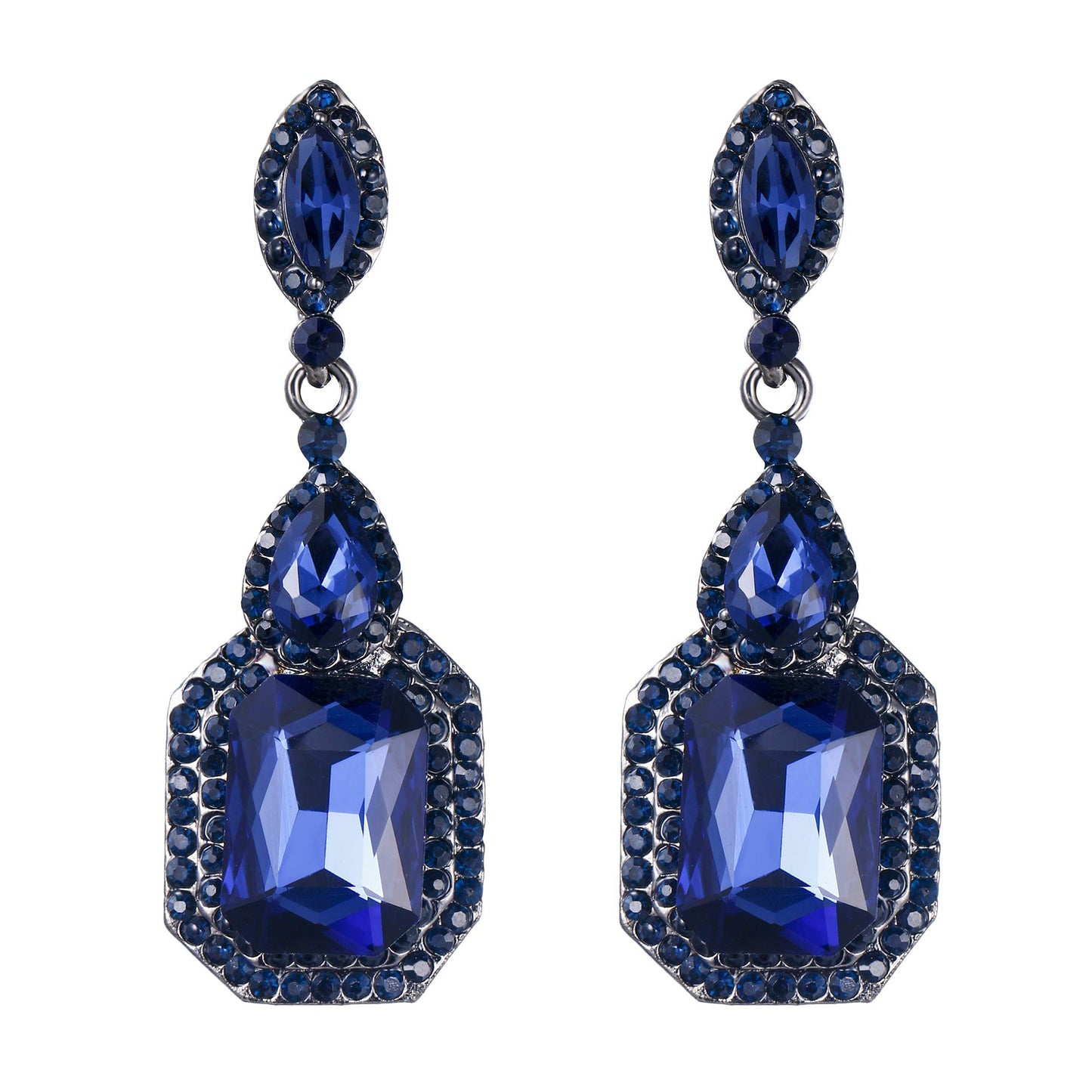 BriLove Wedding Bridal Dangle Earrings for Women Emerald Cut Crystal Infinity Figure 8 Chandelier Jewelry Navy Blue Sapphire Color Black-Silver-Tone