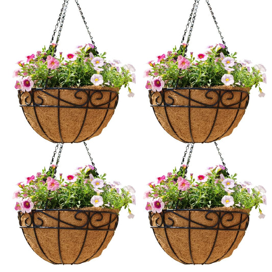 EIMQUVW Outdoor Metal Hanging Planters Basket (4pack, 14 inch) Hanging Baskets for Plants Chain Round Wire Plant Holder with Coco Fiber Liners for Garden, Patio, Deck, Porch(Flower Border)