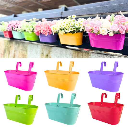LaLaGreen Outdoor Hanging Planter (11.2 Inch, 6 Pack) Light Blue, Neon Pink, Dark Purple, Yellow, Red Metal Iron Window Box Flower Pot Deck Railings Fence Buckets Modern Boho Style Home Garden Decor