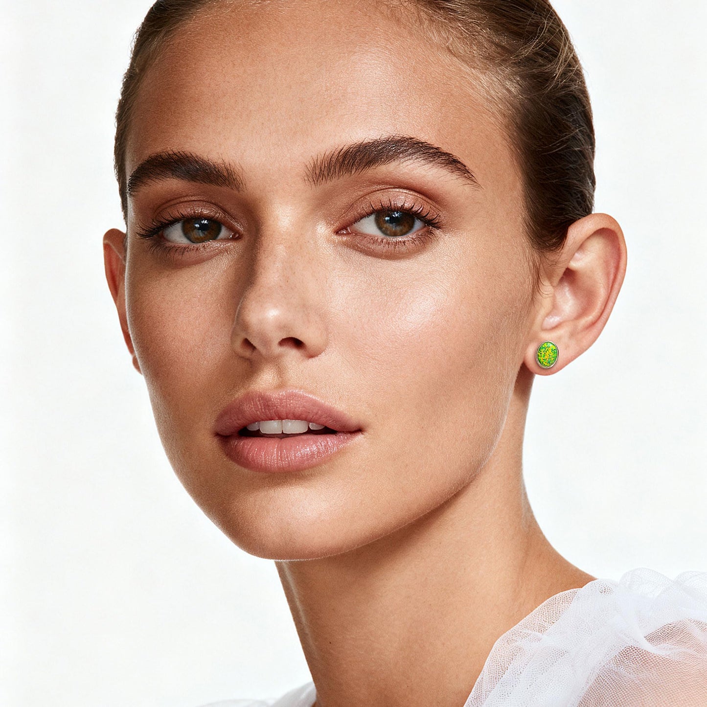 JiayangJY Silver Green Fire Opal Stud Earrings for Women Sterling Silver Oval Shape 7mm Opal Earrings with Push Back