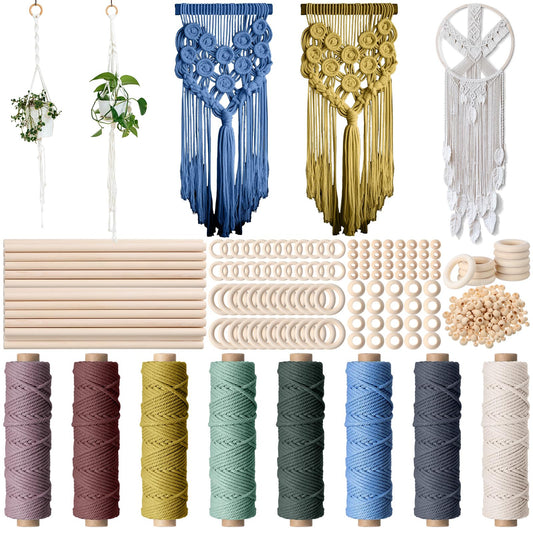 Wesnoy 268 Pcs Macrame Kits for Adults Beginners Weaving Supplies with 3 mm Macrame Cord Cotton, Wooden Beads, Wooden Rings and Sticks for DIY Plant Hangers Wall Hangings, No Insturctions(Colorful)