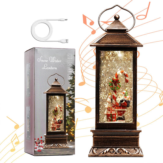 12" Christmas Snow Globe Lantern with Santa Claus - Water Glittering LED Light Lantern with Music - Vintage Xmas Angle Gift - USB Plug or Battery Operated Home Decor