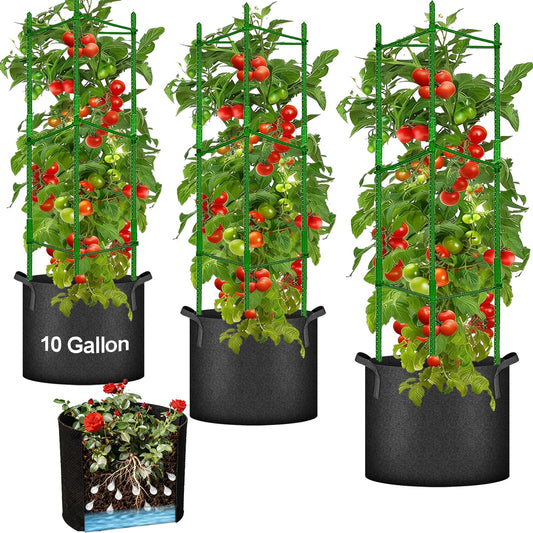 Tomato Cages with 10 Gallon Grow Bags, 48 Inches Garden Tomato Planter, 3-Pack Tomato Trellis for Raised Garden Bed, Tomato Cage Pots Plant Support Stakes Trellis for Climbing Plants Vegetable Flowers