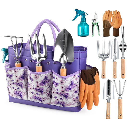 Grenebo Gardening Tools 9-Piece Heavy Duty Garden Hand Tools with Fashion and Durable Garden Tools Organizer Handbag, Rust-Proof Garden Tool Set, Ideal Gardening Gifts for Women (Purple)