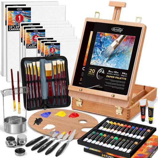 82Pcs Professional Oil Painting Set with Easel Box, 24 Rich Oil Colors & 10 Hog Brushes,Palette Knives, Canvases Complete Art Supplies Kit for Beginners & Artists