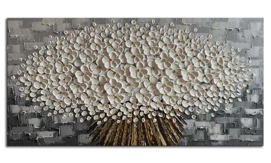 Alenoss Gray and White Abstract Floral, 3D Textured Flower Painting, Modern Living Room Wall Art, Gray Canvas Wall Decor