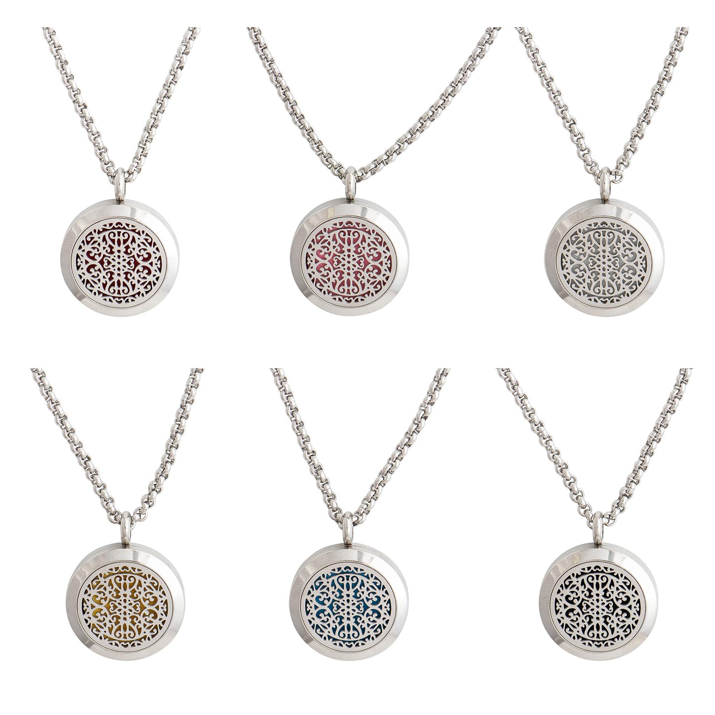 Wild Essentials Wrought Iron Essential Oil Diffuser Necklace, Stainless Steel Locket Pendant with 24 inch Chain, 12 Color Refill Pads, Customizable Color Changing Perfume Jewelry for Aromatherapy