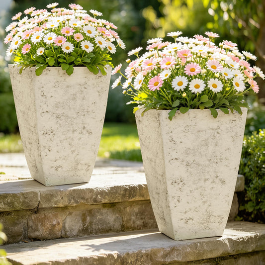 Autodaya 19" Plant Pots Tall Planters for Plants Outdoor Set of 2 Large Square Flower Pots Indoor Front Porch Decor Garden Pot with Drainage Hole Handmade Birch Bark Texture for Patio, Country White