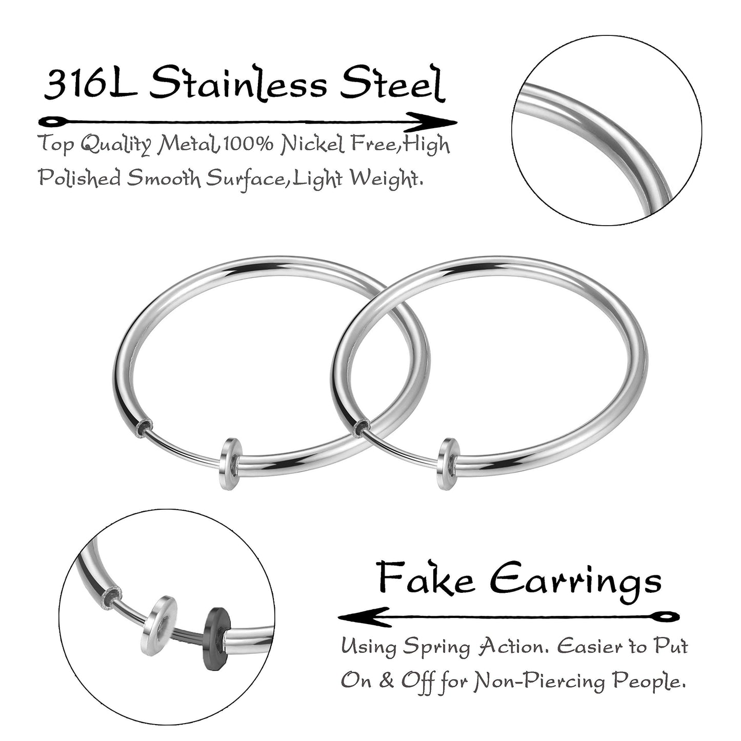 Stainless Steel 4 Pairs Set Clip On Hoop Earrings for Women Men Non Pierced Earrings Silver Set