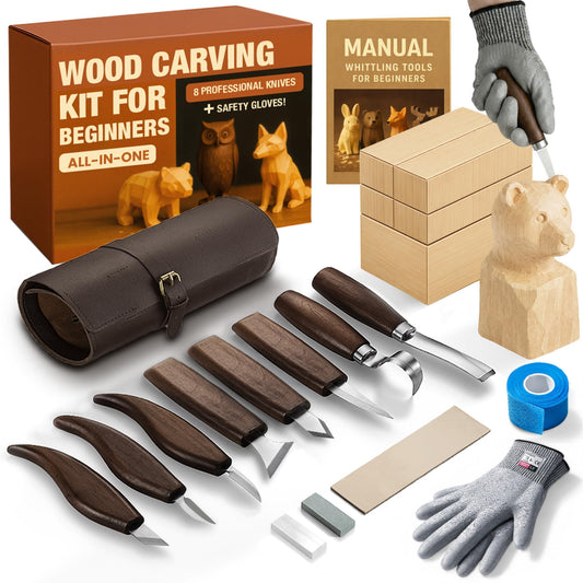 Complete Wood Carving Kit for Beginners - Gift Ready Wood Carving Tools Set | Whittling Kit with 8 Wood Carving Knives, Spoon Carving Tools, Wood Blocks, Gloves, Roll Bag and Sharpening Strop