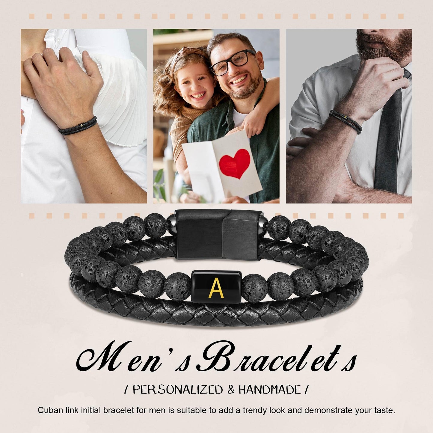 Mens Leather Bracelet with Initial - Men Gift Lava Rock Bead Magnetic Clasp Black Leather Bracelets Mens Gifts Men Bracelets with Initial T Bracelet for Men's Jewelry Men's Gifts for Dad Husband Him