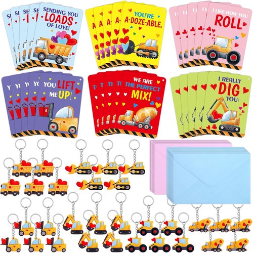 Fancy Land Valentine's Day Cards - 30 Pack Construction Theme with Keychains for Kids' Classroom Gifts