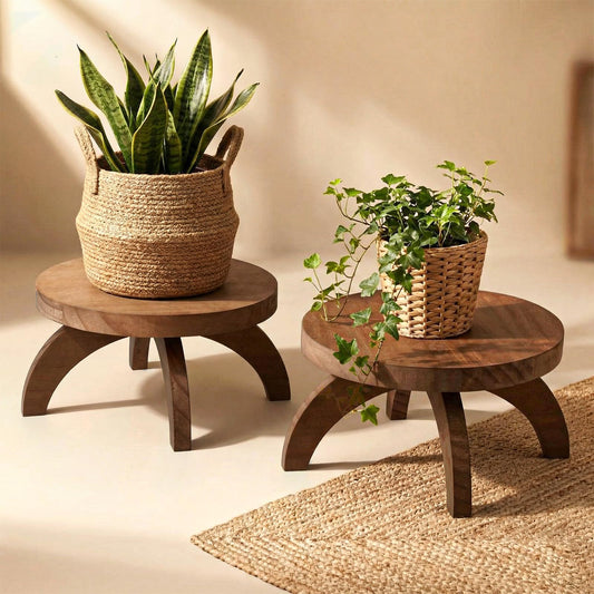 Novabright 2 Pcs Short Plant Pedestal Wood Plant Stool Round Low Wood Riser Pedestal Display Decor Flower Indoor Outdoor Rustic Farmhouse Table Balcony Decor Board Flower Holder Rise (Rustic Color)
