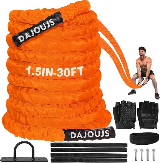 Battle Ropes for Home Gym 1.5Inch Diameter 30 FT Lengths Workout Heavy Battle Ropes for Exercise Training Weighted Rope for Working Out Exercise Equipment with Protective Cove - Orange