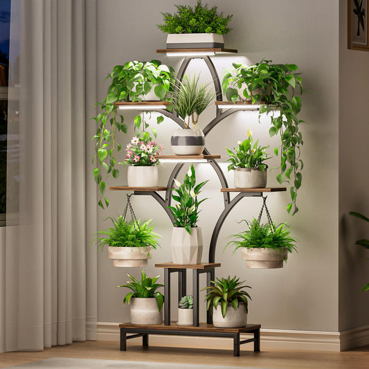 NEHAJUNXI Plant Stand Indoor with 4 Grow Lights - 63" Tall Plant Shelf- 8 Tiered Corner Plant Flower Stands Display Shelves for Home, Patio (Brown)