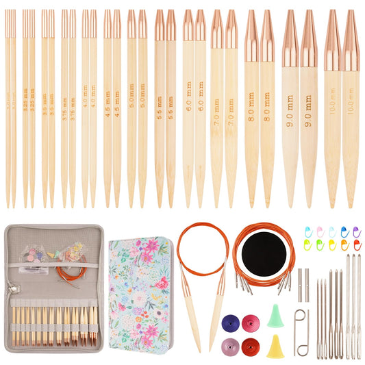 WAZAIGUR Knitting Needles Set, Interchangeable Bamboo Circular Knitting Needles Set, 3mm 3.25mm 3.5mm 3.75mm 4mm 4.5mm 5mm 5.5mm 6mm 7mm 8mm 9mm 10mm Knitting Needles, 13 Pairs