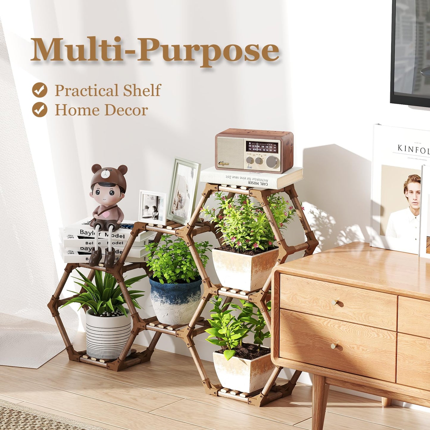 Tikea Plant Stand Indoor Outdoor Hexagonal Corner Plant Stand for Succulents Small Plants Wooden Plant Shelf 7 Tiered Creative DIY Flowers Stand Rack for Living Room Balcony Patio Window