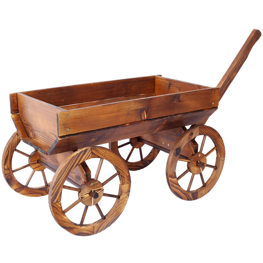 AYUYK Wood Wagon Planter with Wheels, Large Rustic Outdoor Garden Decor – Solid Fir Wood Wheelbarrow Planter for Patio, Balcony, Backyard, Heavy Duty Wooden Flower Cart with Handle