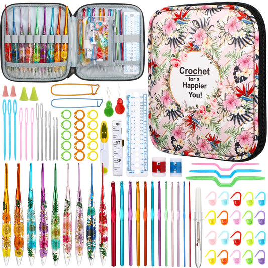 Riceshoot 86 Pcs Crochet Hook Set, 2.0mm-8.0mm Ergonomic Crochet Hooks with Long Floral Handle for Beginners Crocheting Lovers, Includes Storage Bag and Other Accessories