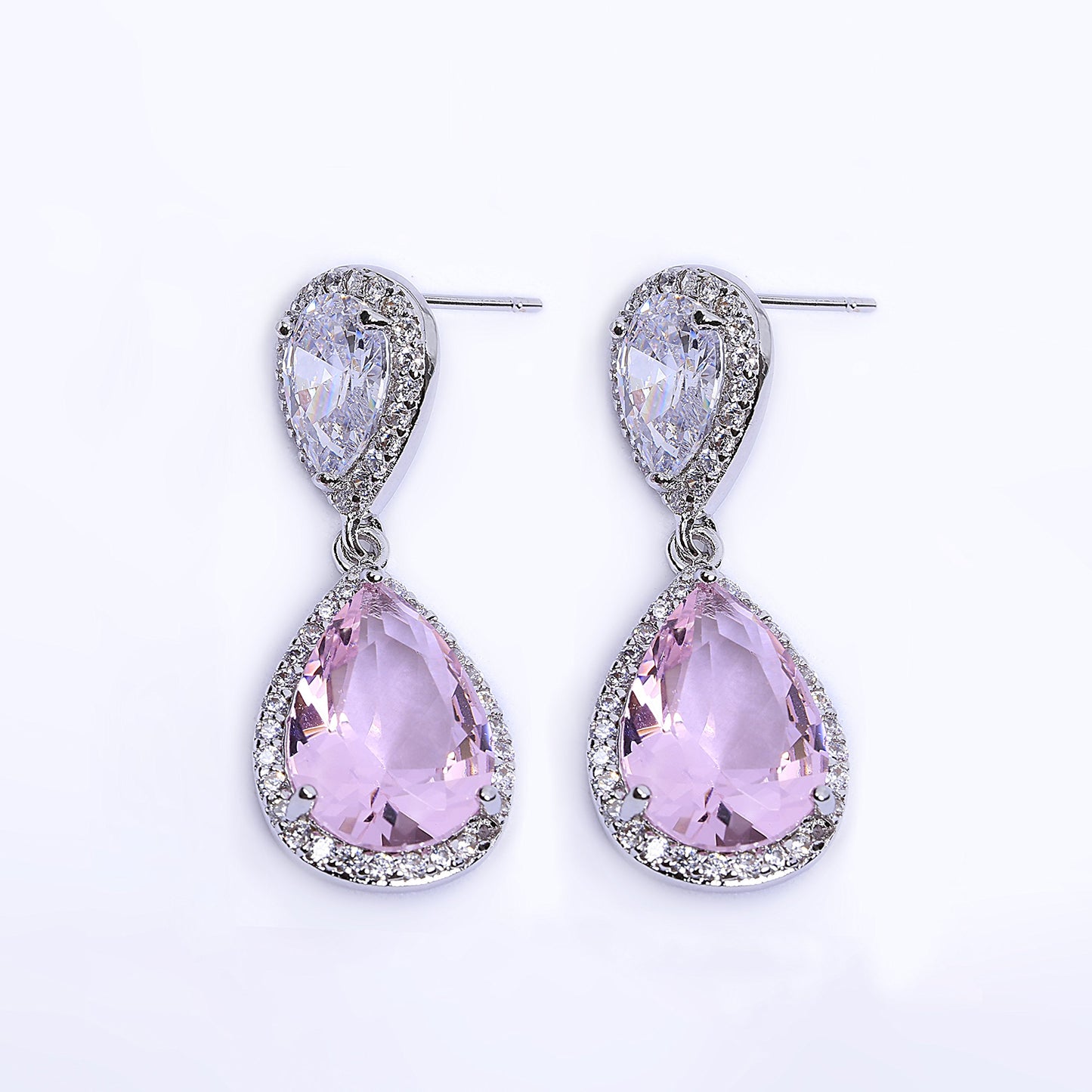 AMYJANE Wedding Jewelry Set for Bridesmaids - Women's Elegant Sterling Silver Pink Teardrop Crystal Cubic Zirconia Rhinestone CZ Necklace Set Bridal Party Prom Jewelry Sets