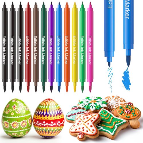 Jewem Edible Markers - 12 Food Coloring Pens for Cookie Decorating | Double-Sided Fine & Thick Tips