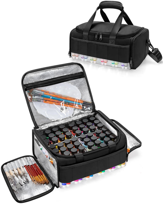 Marscamd Acrylic Paint Organizer Holds 60 Bottles (2 oz), Acrylic Paint Storage Bag with Tools Storage Sections and Crossbody Strap, Black
