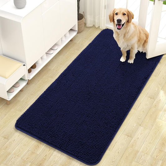 OLANLY Dog Door Mat - Absorbent Non-Slip Chenille Mat for Muddy Paws | 47x24 Inches, Navy Blue