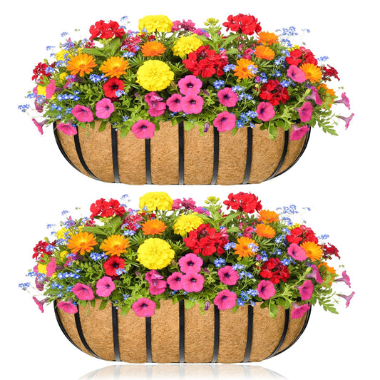XXFBJNMD Window Box Railing Planter with Coco Liner 2 Pack 16 Inch Metal Hanging Flower Planter Deck Railing Planters Boxes for Balcony Outdoor Plants Fence Porch Patio