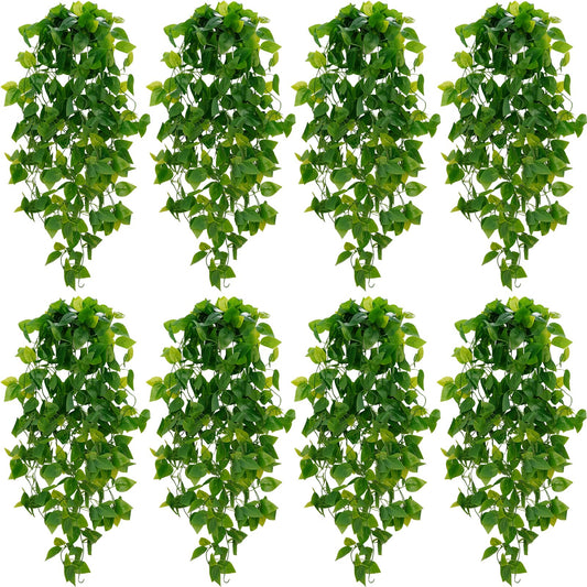 BLEUM CADE Fake Hanging Plants, 8pcs Artificial Pothos Vines Greenery for Wall Home Living Room Office Indoor Outdoor Decor (No Baskets)