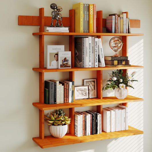 Raykion Bookshelf 4 Tier Wall Mounted Display Shelf, Space-Saving Floating Bamboo Bookcase Heavy Duty 600lbs, Storage Organizer for Living Room Bedroom Office, 43" W x 52" H