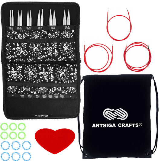 ChiaoGoo Twist Red Lace 5-Inch Large 7500-L Interchangeable Circular Knitting Needle Set, Sizes US 9, 10, 10.5, 11, 13, 15, Stainless Steel with 3 Cords with Project Bag