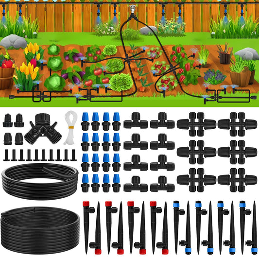 200FT Quick-Connect Drip Irrigation System, Automatic Irrigation Kit with 2/5" & 1/4" Tubing and Adjustable Drip Emitters, Garden Watering System for Lawn, Flower Bed, Greenhouse