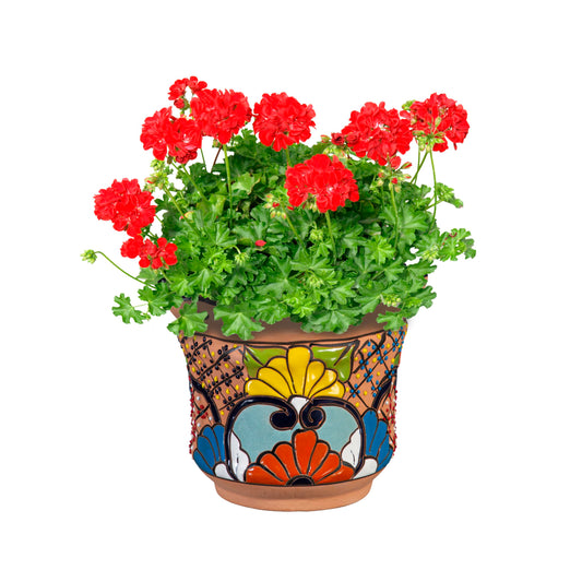 Evergreen Garden Talavera Mexican Pottery Ceramic Floral Classic Top Pot Planter | Flower Pot Plant Succulent | Indoor Outdoor (8 inch, Tan)