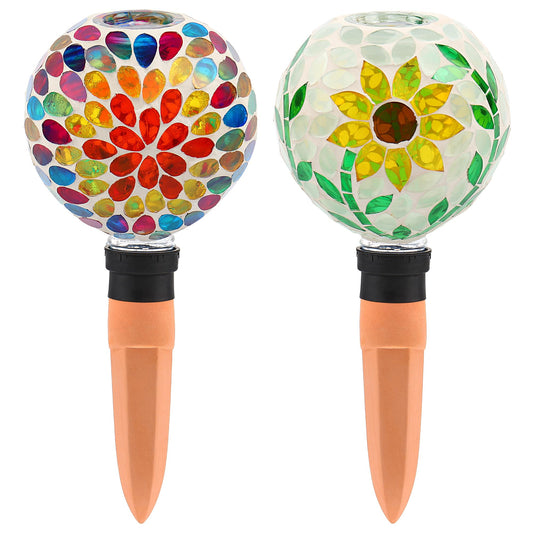 VOREEN Mosaic Plant Watering Globes with Terracotta Watering Spikes, 17oz Glass Self Watering Globes for Indoor & Outdoor Potted Plants, Decorative Water Drippers, Set of 2